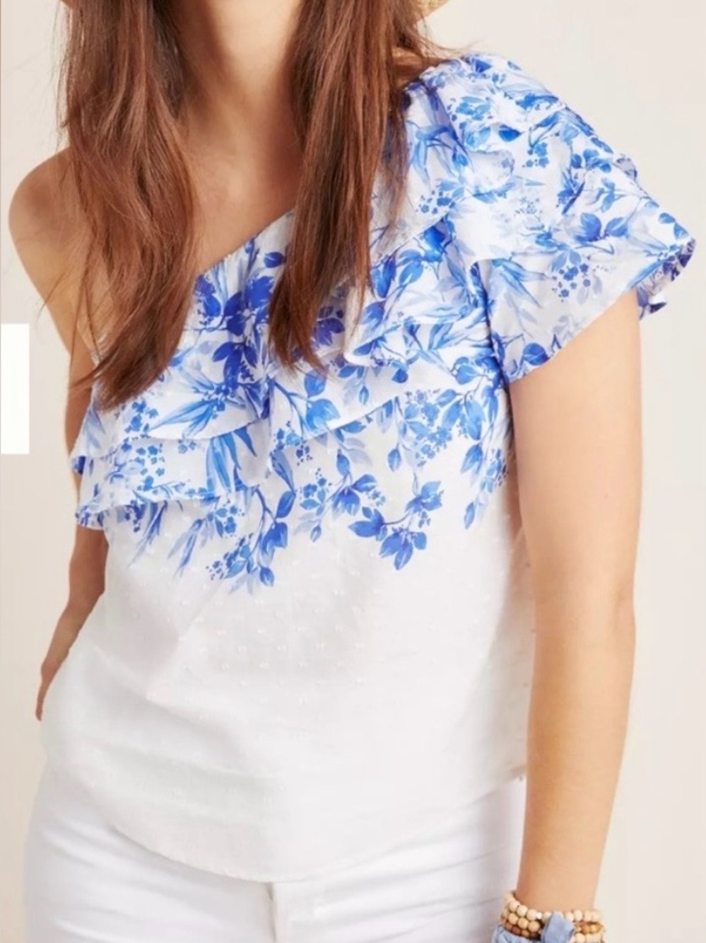 Anthropologie Athena Minky Dot Floral Blue and White One-Shoulder Top Size 8